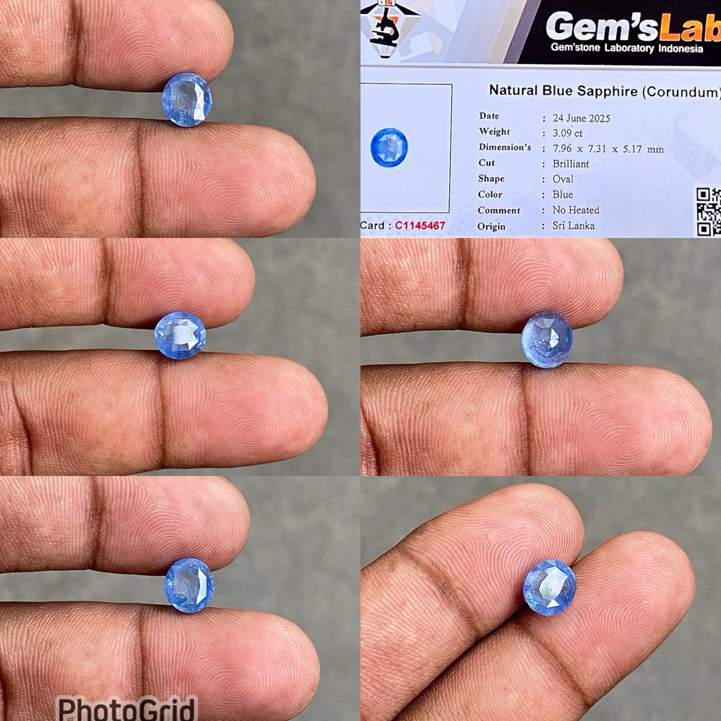 Natural Blue Sapphire Ceylon Srilanka Batu Blue Safir selon Srilangka Dim 7.96x7.31x5.17  CT 3.09