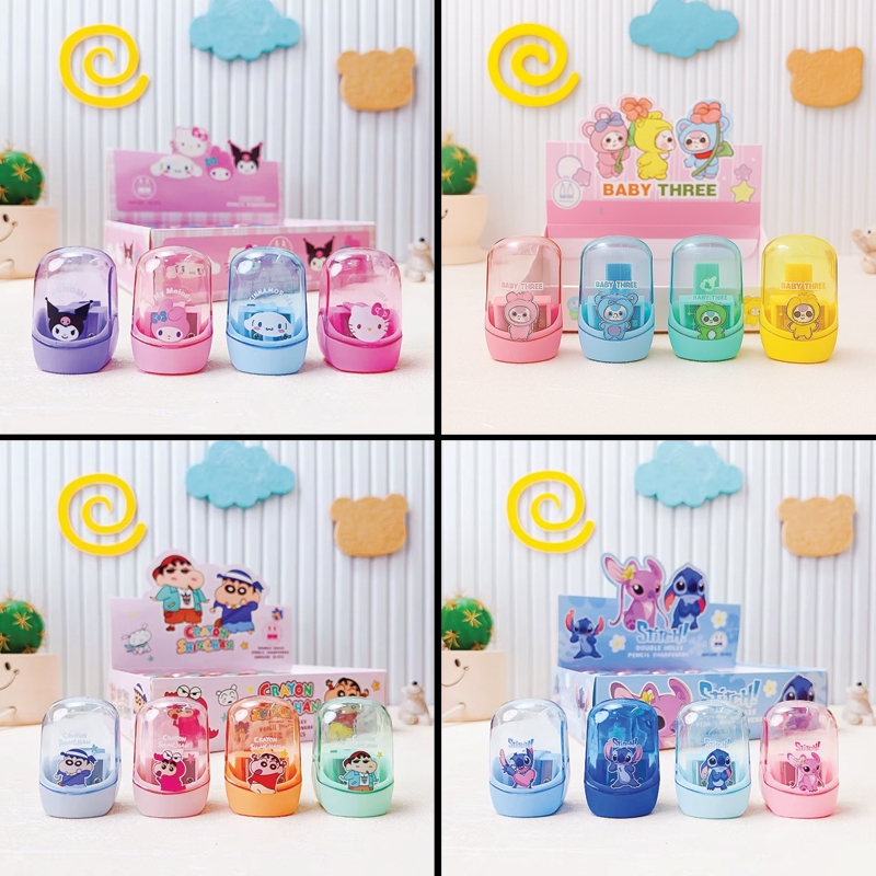 

TAO Serutan Rautan Pensil 2 Lubang motif Snrio Stitch Sinchan Baby Three