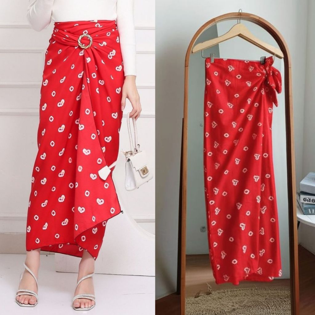 SPESIAL PROMO..Rok Batik Merah Bawahan Kebaya Putih/Rok Jumputan Wanita Modern