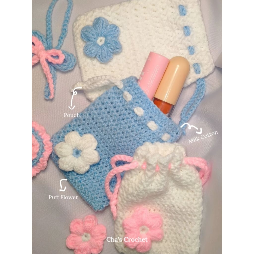 Pouch/Tas Serut Crochet/Rajut Puff Flower/Bunga Mini Handmade
