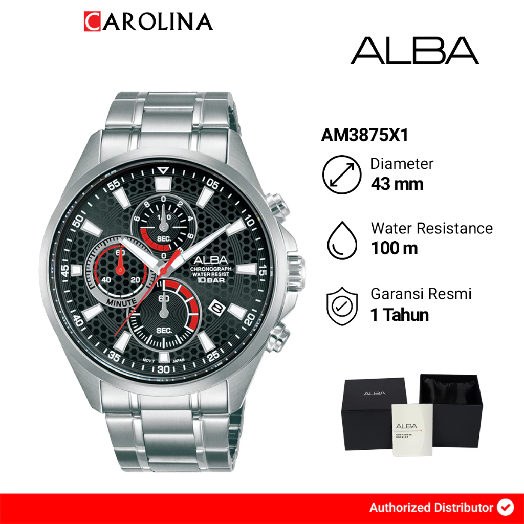 Jam Tangan Pria Alba Active AM3875X1 Black Pattern Dial Silver Stainless Steel