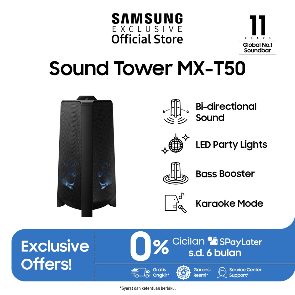 Samsung Sound Tower MX-T 50 | Bass Booster | Bi-directional Sound | LED Party Lights