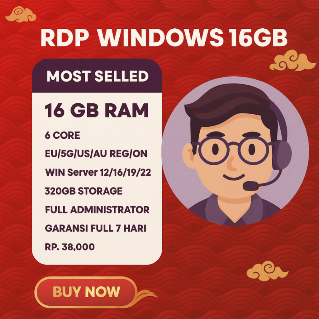 VPS/RDP Mingguan Windows/Linux RAM 32GB CPU 8 Core SSD 320GB Full Garansi 7 Hari