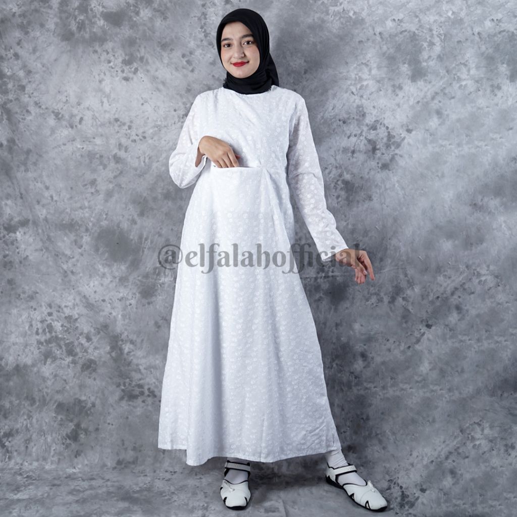 Gamis Umroh Wanita Kantong Doraemon Bahan Katun Putih Bordir