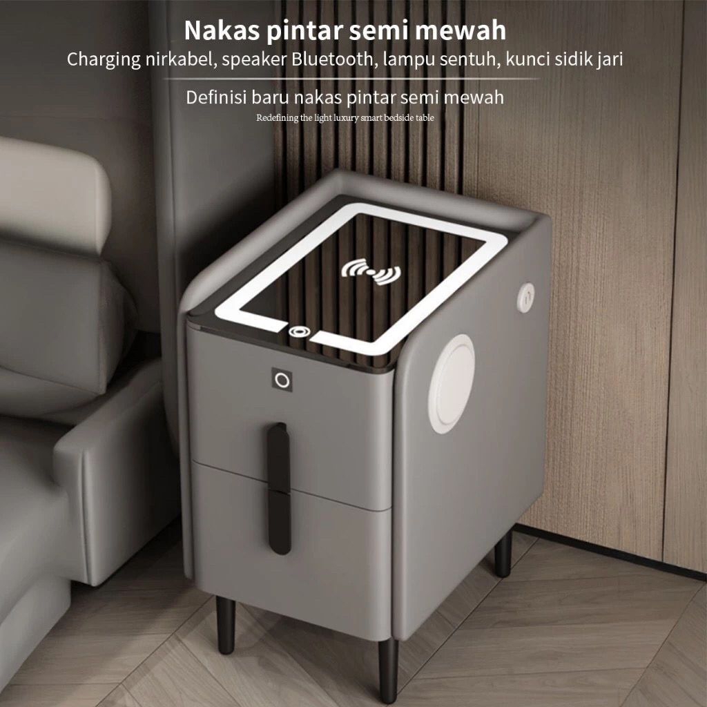 Nakas Smart Elegan – Meja Samping Canggih dengan USB, Wireless Charging, Speaker, dan Lampu LED 3 Pi