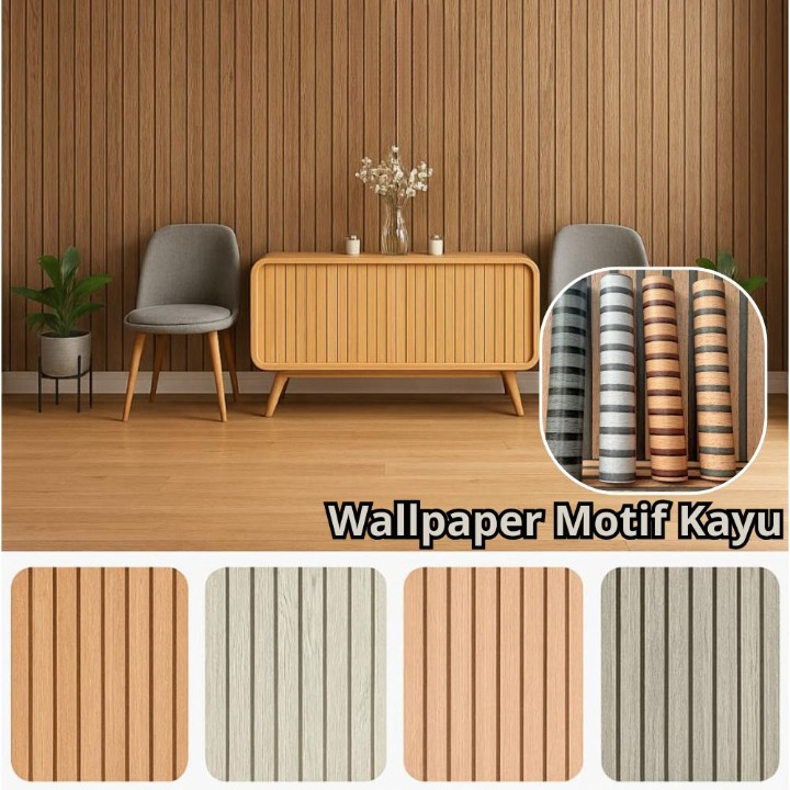 Wallpaper Dinding Motif Kayu Serat Salur Sticker Dinding Meja Kulkas Furniture