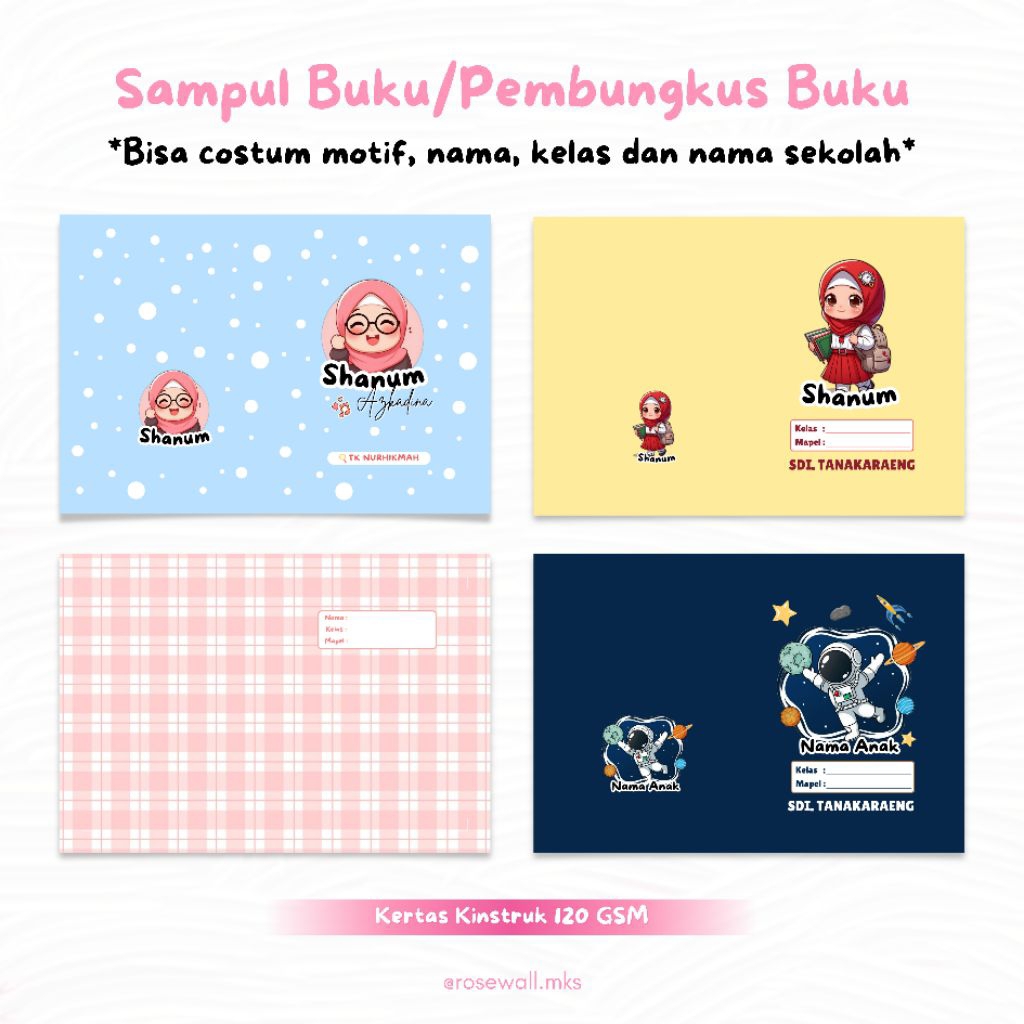 

SAMPUL BUKU COSTUM | SAMPUL BUKU ANAK | PEMBUNGKUS BUKU LUCU AESTHETIC PAKAI NAMA DAN FOTO MURAH MAKASSAR
