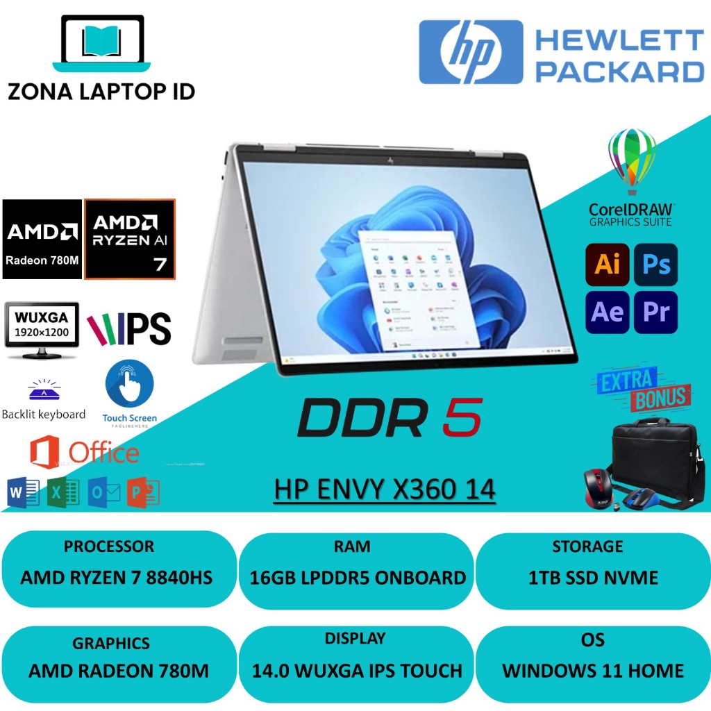 HP ENVY X360 16 Ryzen 7 8840HS 16GB 1TB SSD WUXGA IPS TOUCHSCREEN WIN11