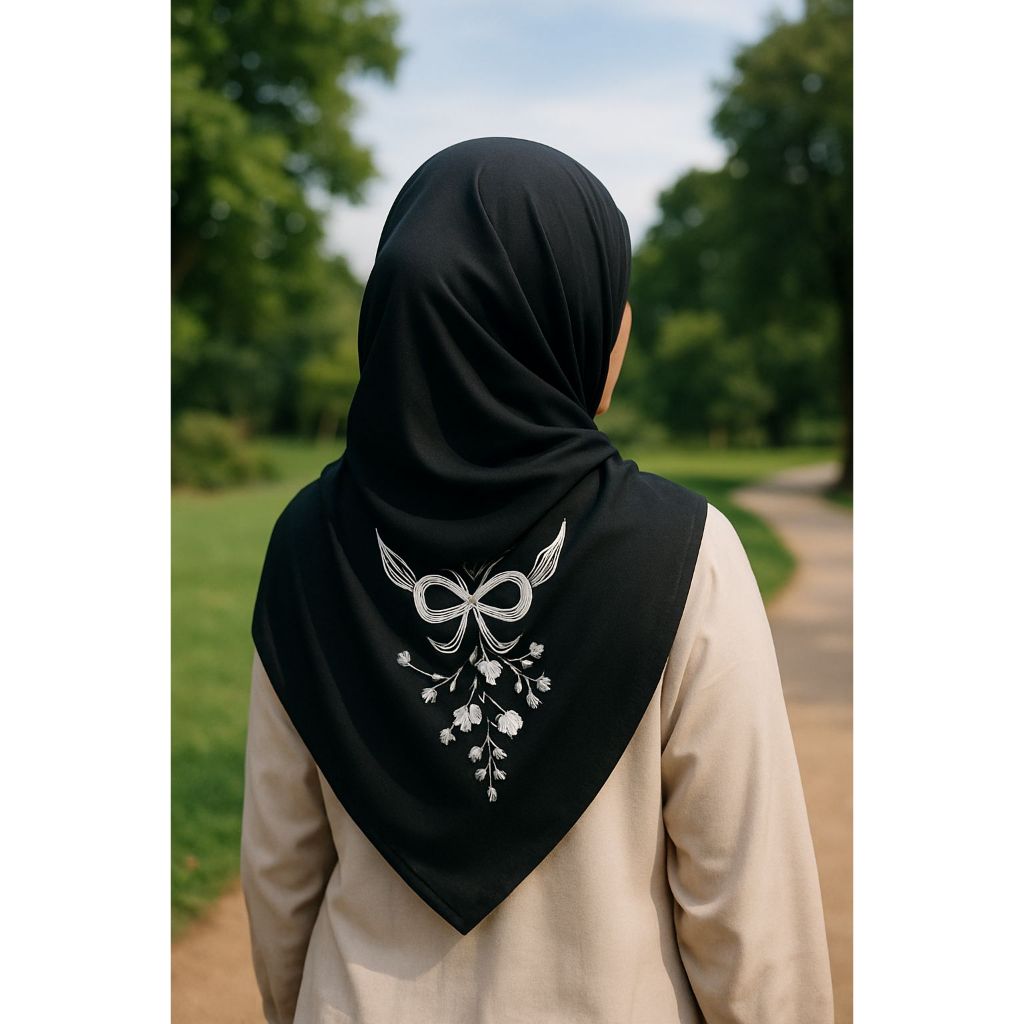 hijab segiempat bella bordir motif pita bunga kecil / jilbab bella bordir pita bunga kecil