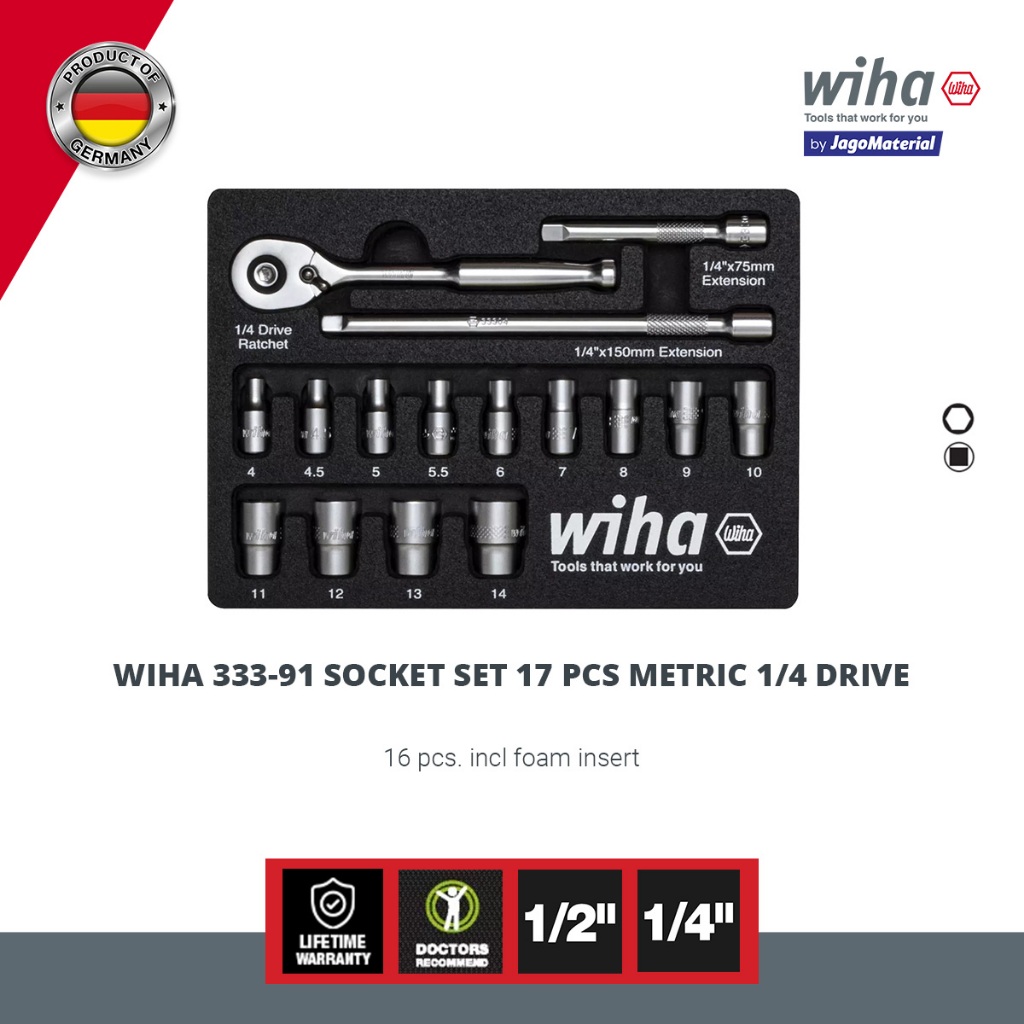 Wiha 333-91 Socket Set 17pcs Metric 1/4 Drive - Ratchet Wrench Set
