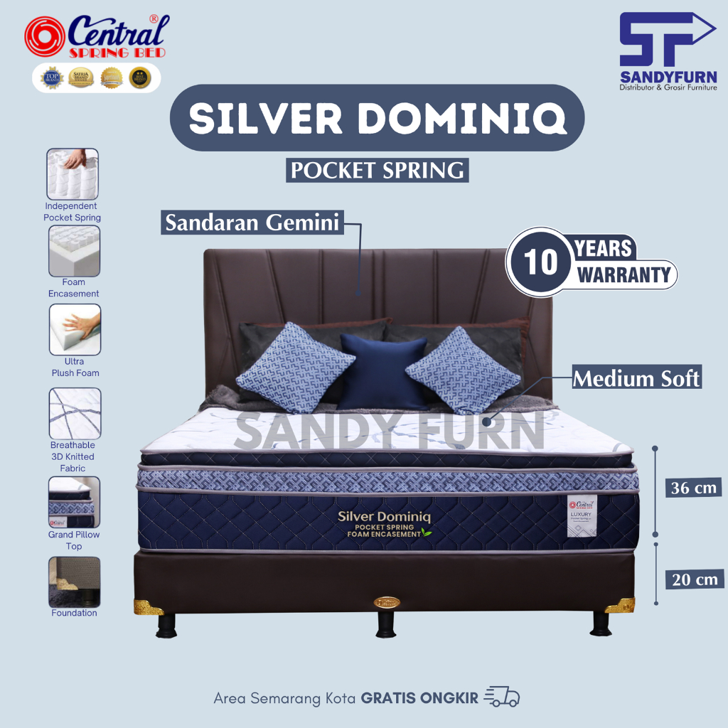 CENTRAL Spring Bed - SILVER DOMINIQ Pocket Spring With Foam Encasement - Semua Ukuran - Bedset