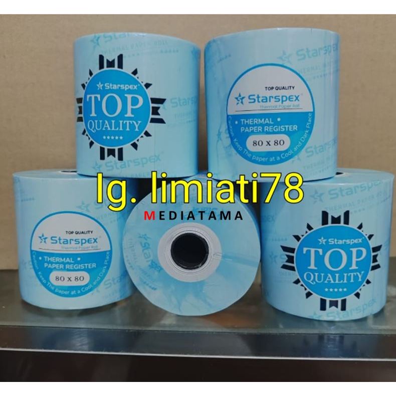 

Kertas Thermal/ Kertas Kasir/ Kertas gulung Merek starspex Ukuran 80 x 80 1 dus 50 roll Uk 80x80 50Rol