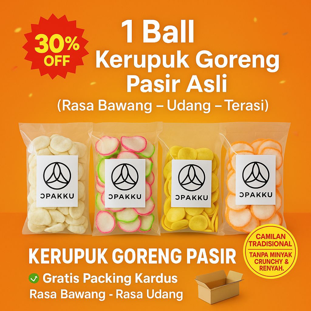 

Snack Tradisional Kerupuk Goreng Pasir -3 Rasa: Bawang gurih, udang bawang & Terasi Kriuk Khas Goreng Pasir