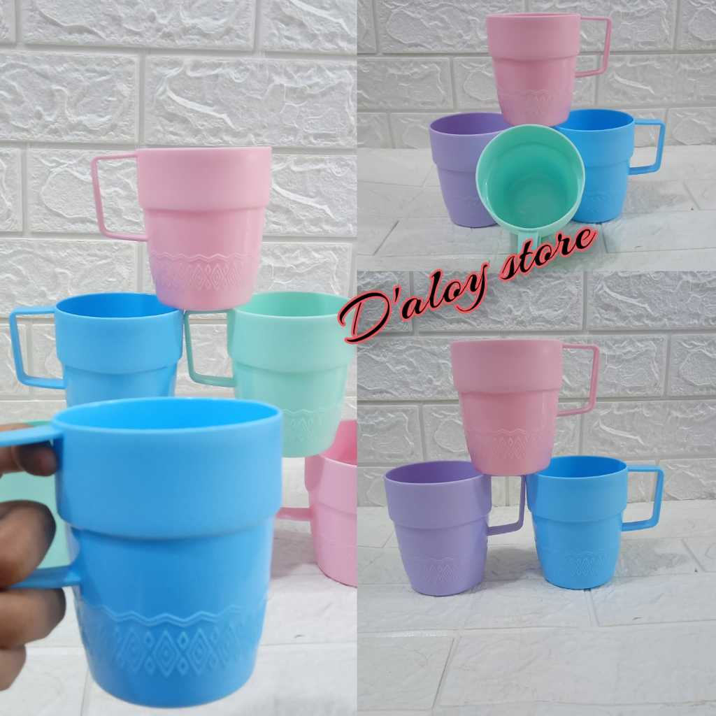6 pcs / 3pcs gelas cangkir plastik murah /gelas gagang cangkir / gelas kopi plastik