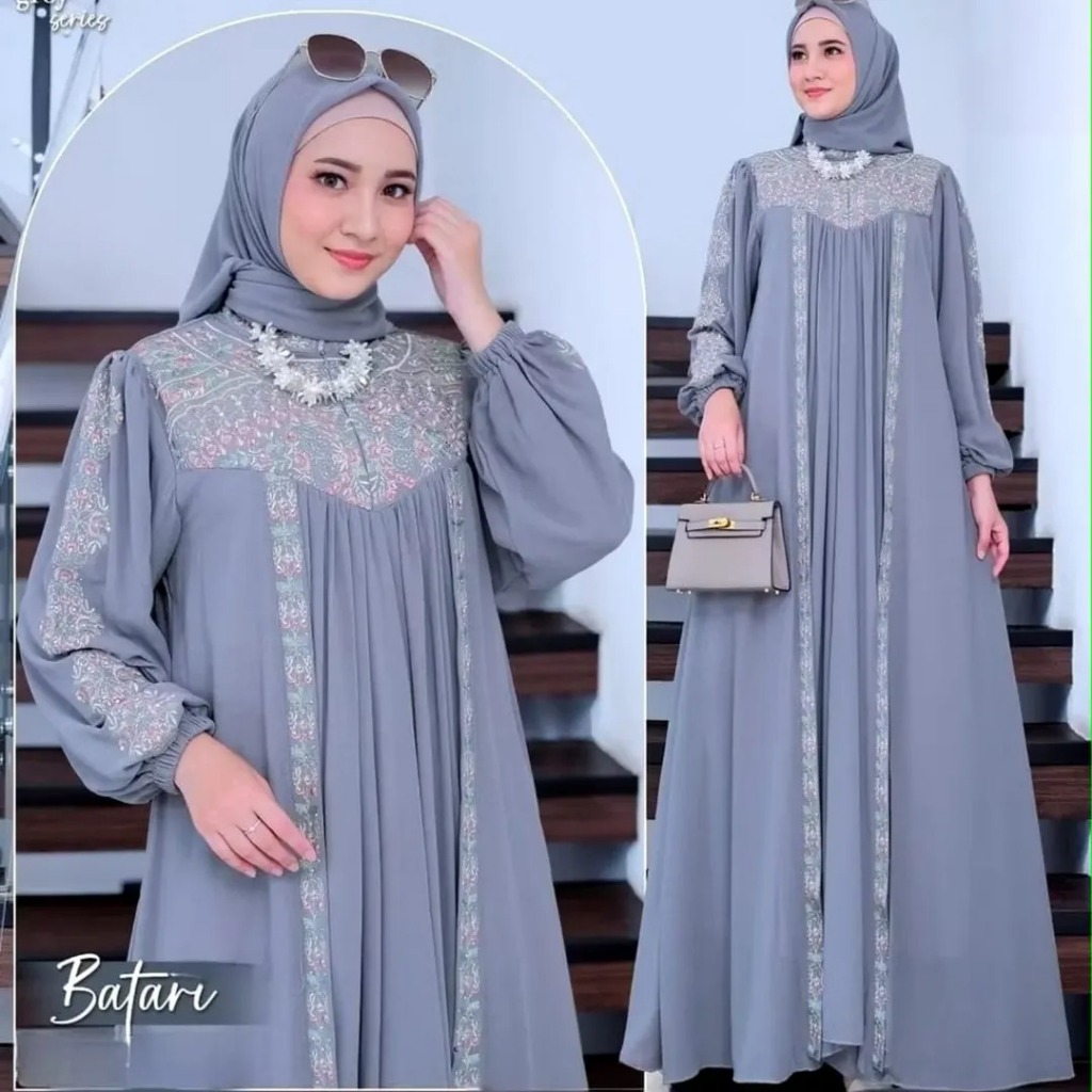 Baju Gamis Wanita Terbaru Kekinian Batari Dress NF Bahan Ceruty Babydoll Mix Bordir Size M L XL XXL 