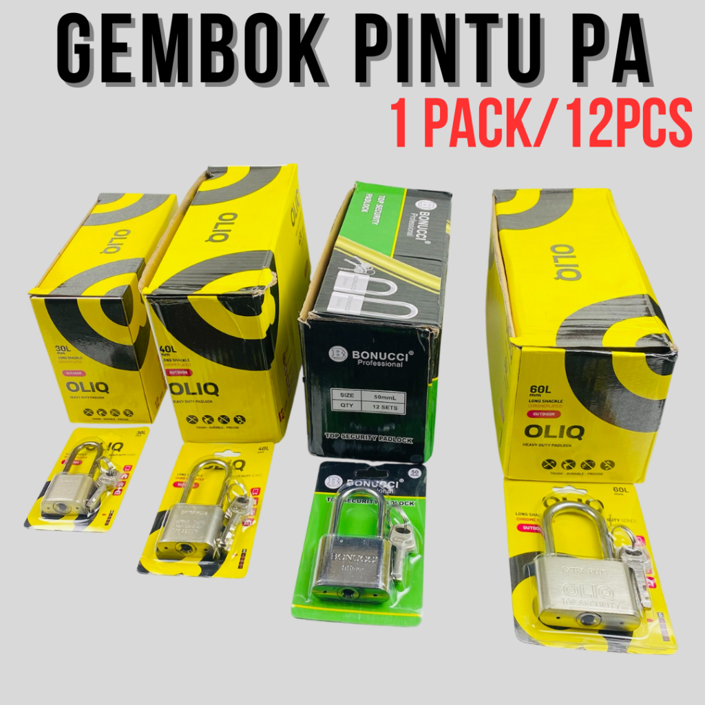 Gembok Stainless Chrome Pagar / Pintu Rumah Leher pendek 30 40 50 60mm 3 Anak Kunci Gembok 1 PACK/12