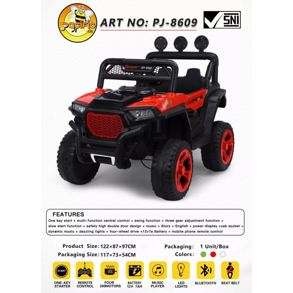 Mobil Aki Anak - Pacific Mobil Jeep PJ-8609 | Bisa Ayun | Musik | Bluetooth | MP3 | 12V-7AH 4WD