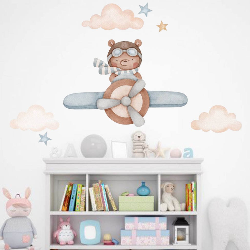 Sticker Kamar Dinding Anak Pesawat Beruang Laki-Laki