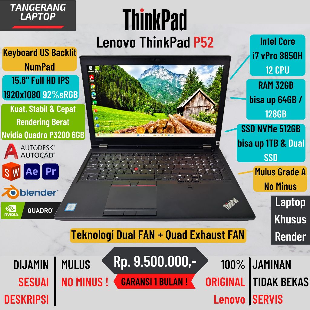 Laptop Rendering Lenovo ThinkPad P52 Intel i7 vPro 8850H Nvidia Quadro P3200 6GB RAM 128GB NVMe 1TB