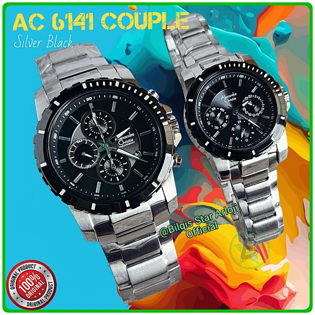 Alexandre Christie Couple Ac 6141 Sepasang Tali Rantai Silver Black Original