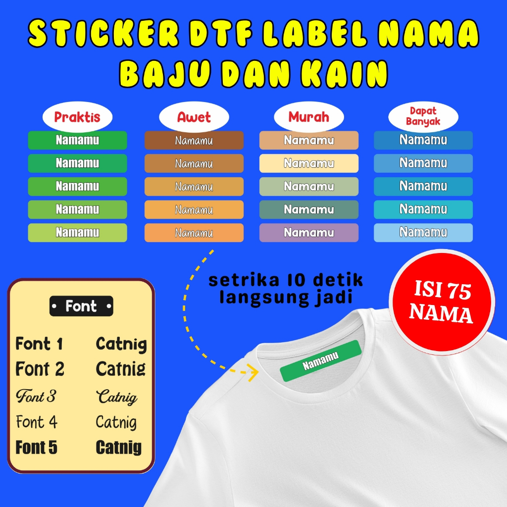 

Sticker Nama Label Baju Isi 75 Pcs Untuk Kaos Sablon Setrika Gratis Custom Nama - Label DTF -