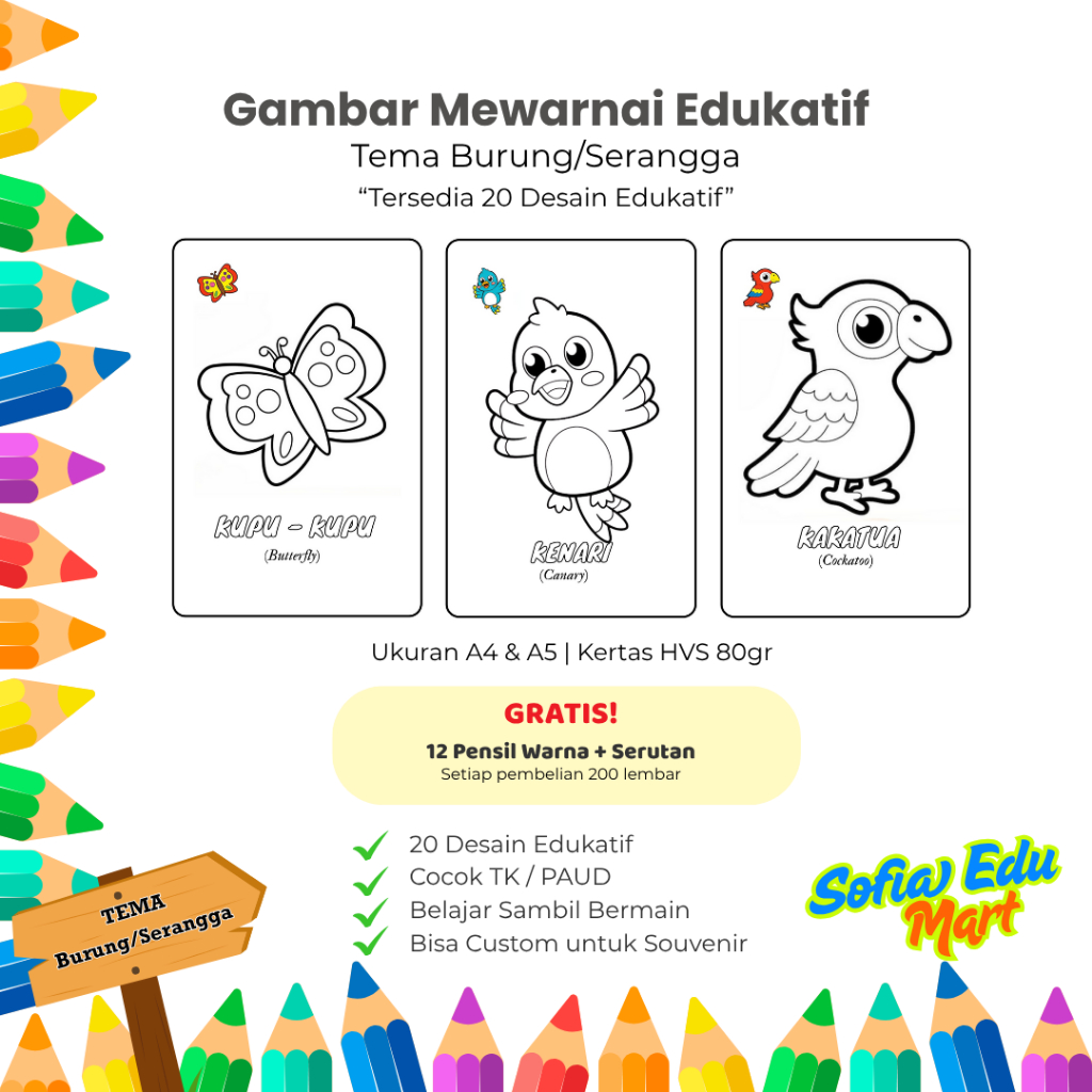 

Gambar Mewarnai Anak Seri Burung & Serangga - Kertas HVS A4 dan A5 80 gr TK PAUD Usia 1-5 Tahun