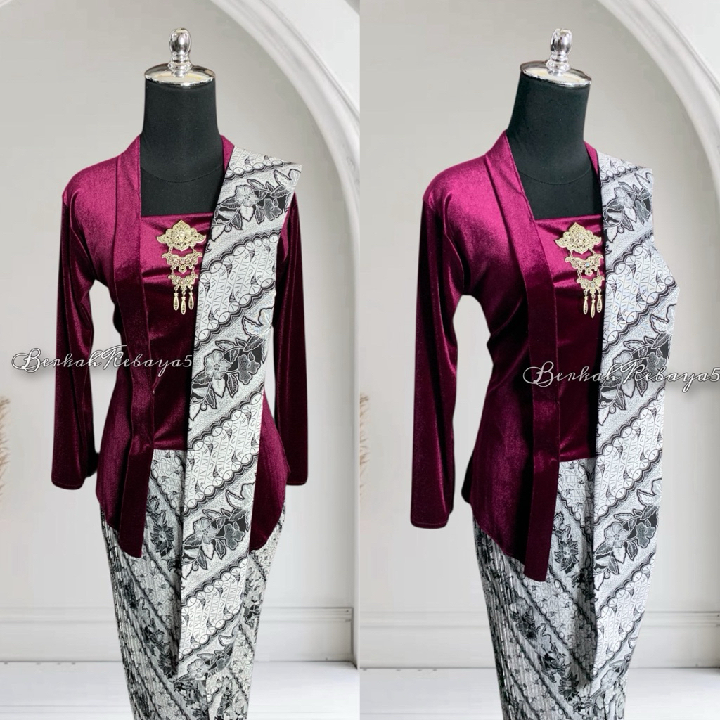Setelan Kebaya Kutu Baru Bludru Warna Burgundy / Kebaya + Selendang + Jarik Wiru Plisket Motif Paran