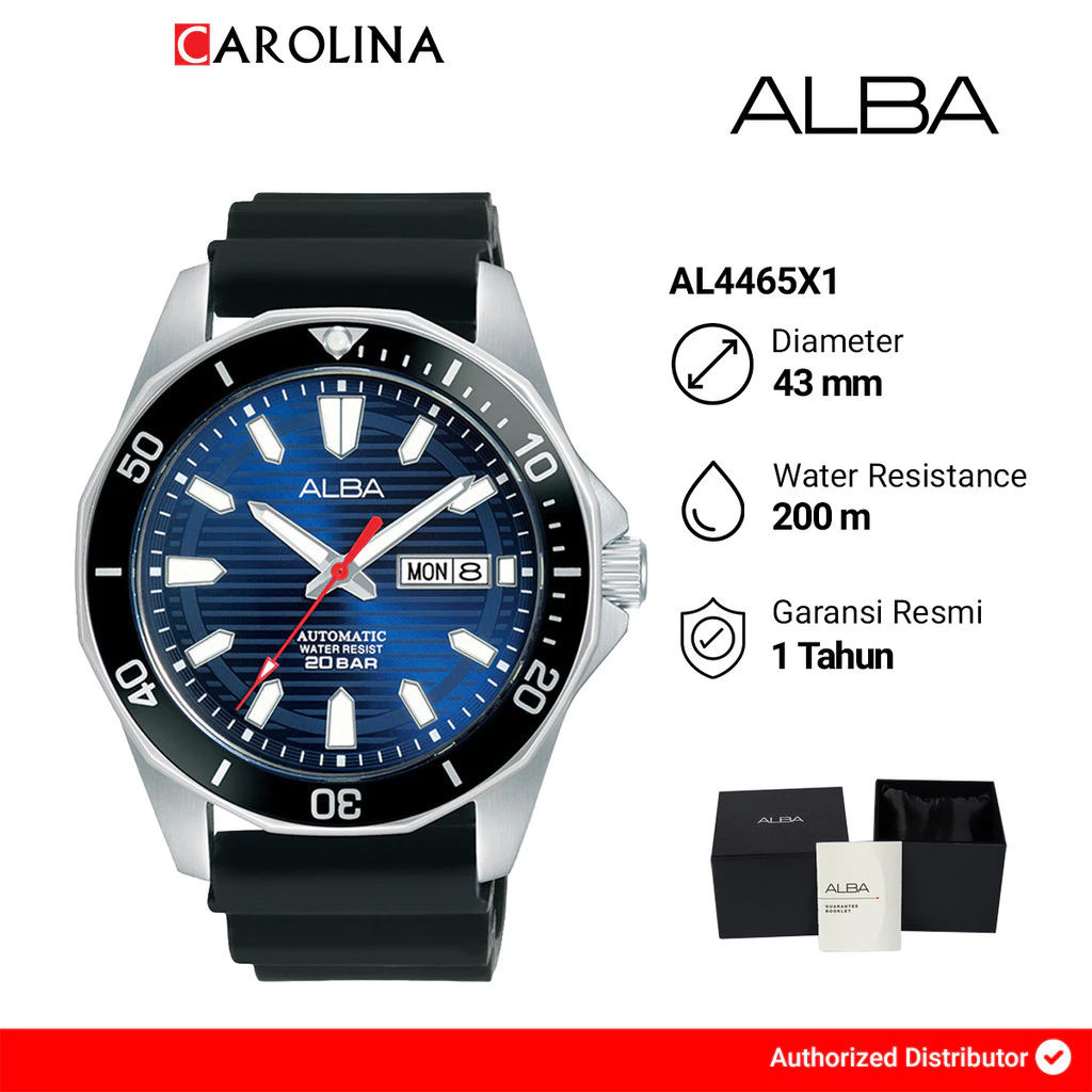 Jam Tangan Pria ALBA AL4465X1 Automatic Diver Blue Pattern Dial Black Silicone Strap