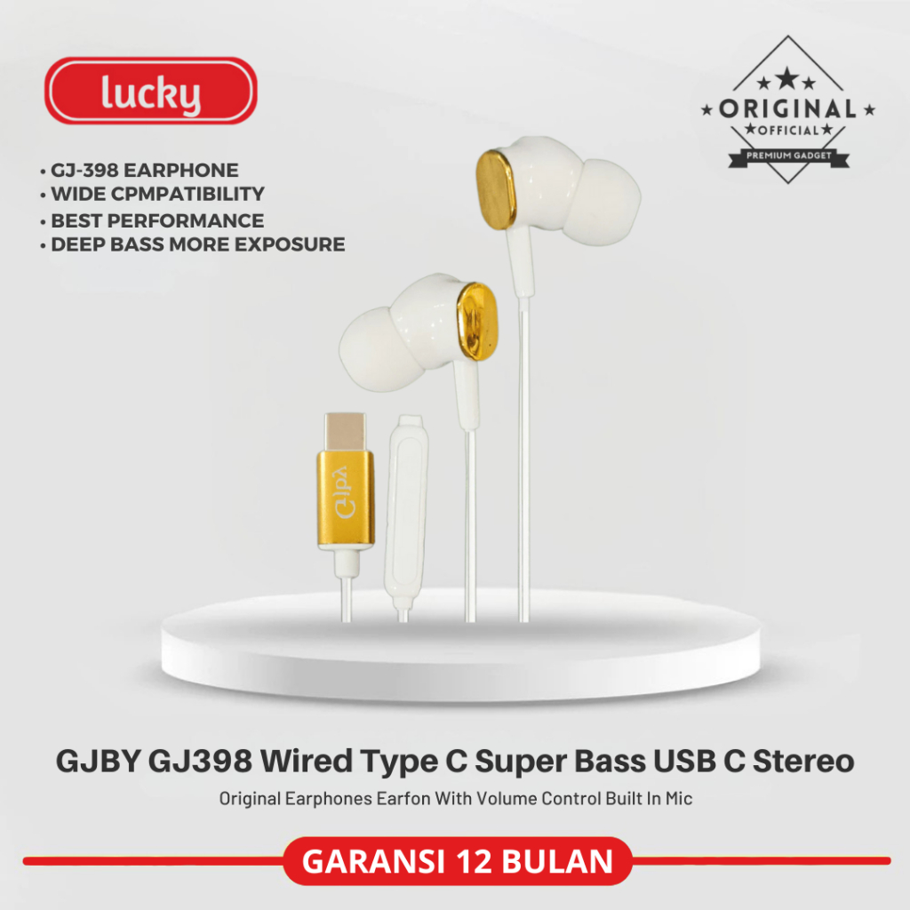 GJBY GJ398 Wired Type C Super Bass USB C Stereo Original Earphones Earfon With Volume Control