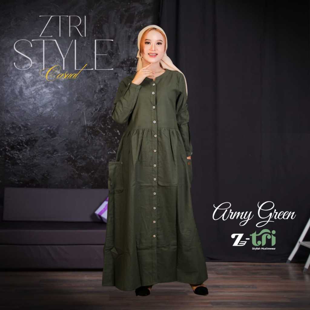 Midi Dress Army Gamis Wanita Polos Katun Linen Rami Cantik Kekinian Terbaru