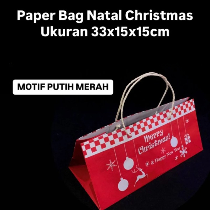 

Paperbag Kraft Merah Putih Edisi Natal Packaging Motif Rusa Merry Christmas 33x15x15cm