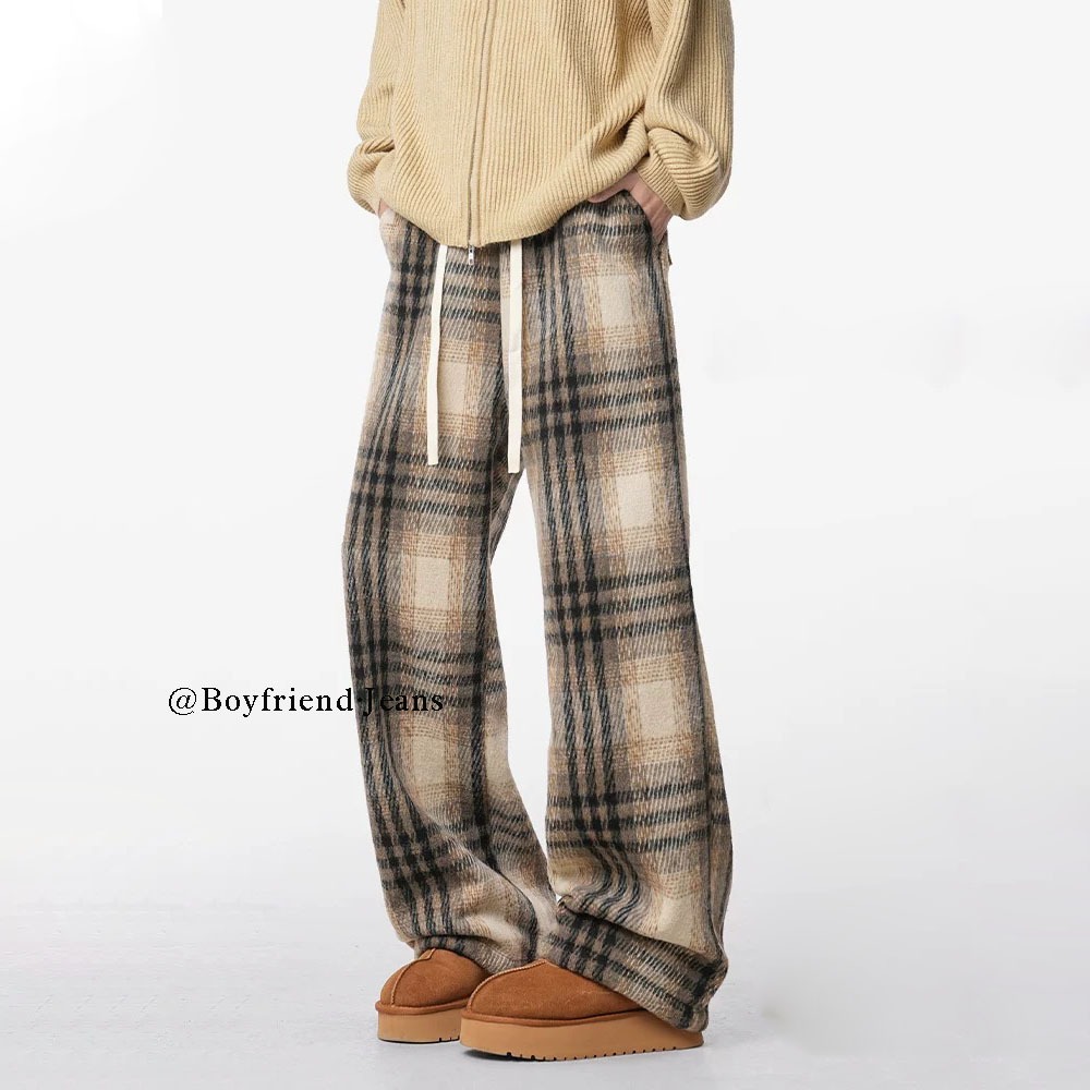 Celana Wol Pria Celana Panjang Pria Motif Kotak Gaya Korea Kulot Straight Cewo