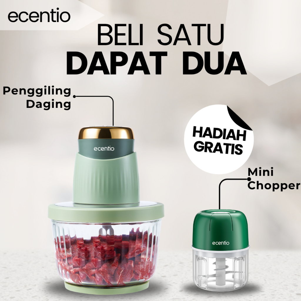 𝙃𝙖𝙙𝙞𝙖𝙝 𝙂𝙧𝙖𝙩𝙞𝙨 ecentio 2.5L Food Chopper 3 Kecepatan Penggiling Daging 4 Mata Pisau Kaca Food Process