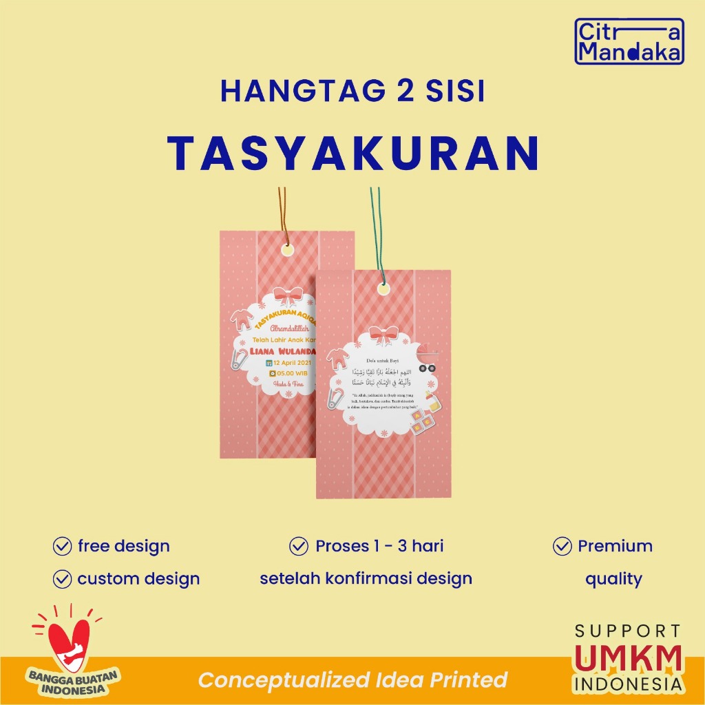 

Hang Tag Custom Souvenir Tasyakuran Aqiqah Kelahiran Bayi 2 Sisi