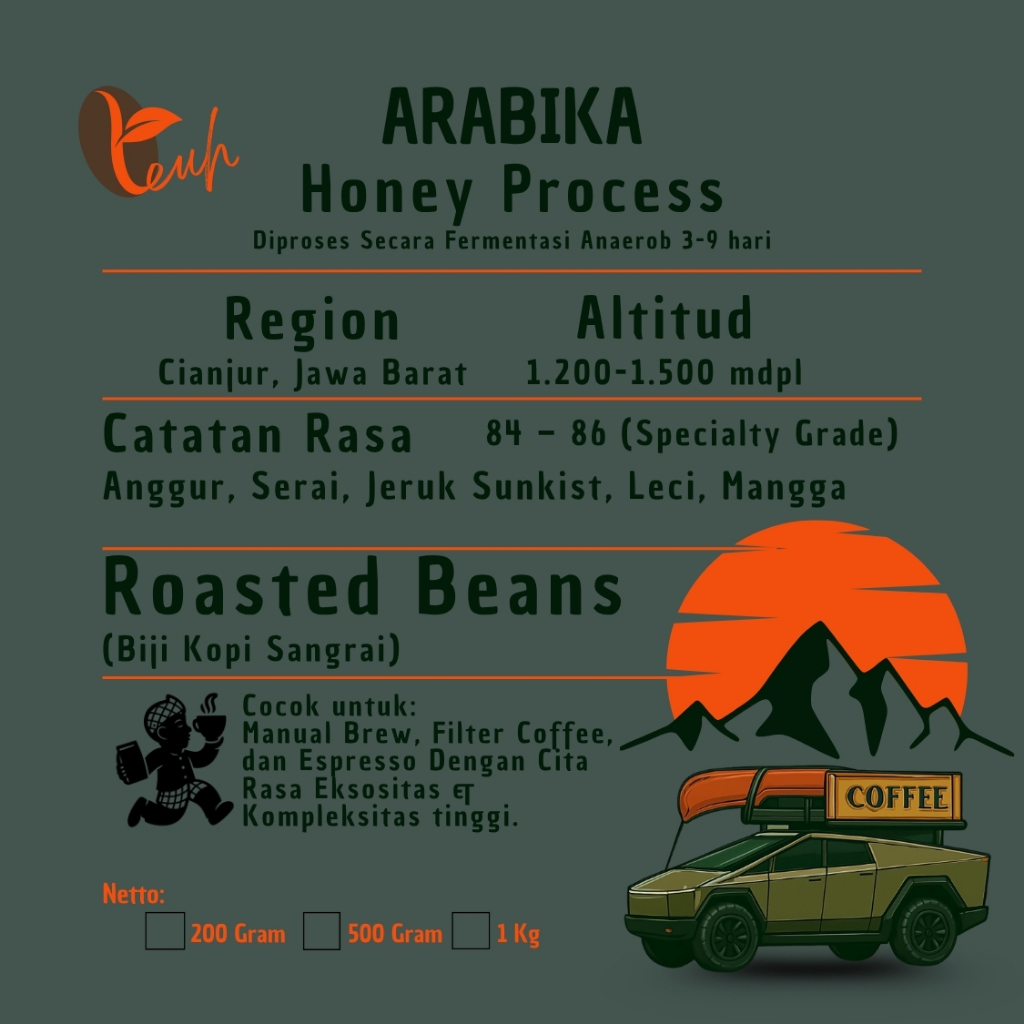 

Kopi Arabika Honey Process (Roasted Beans) Anaerob 3–9 Hari Rasa Apel, Lime, Vanilla, Teh Hitam