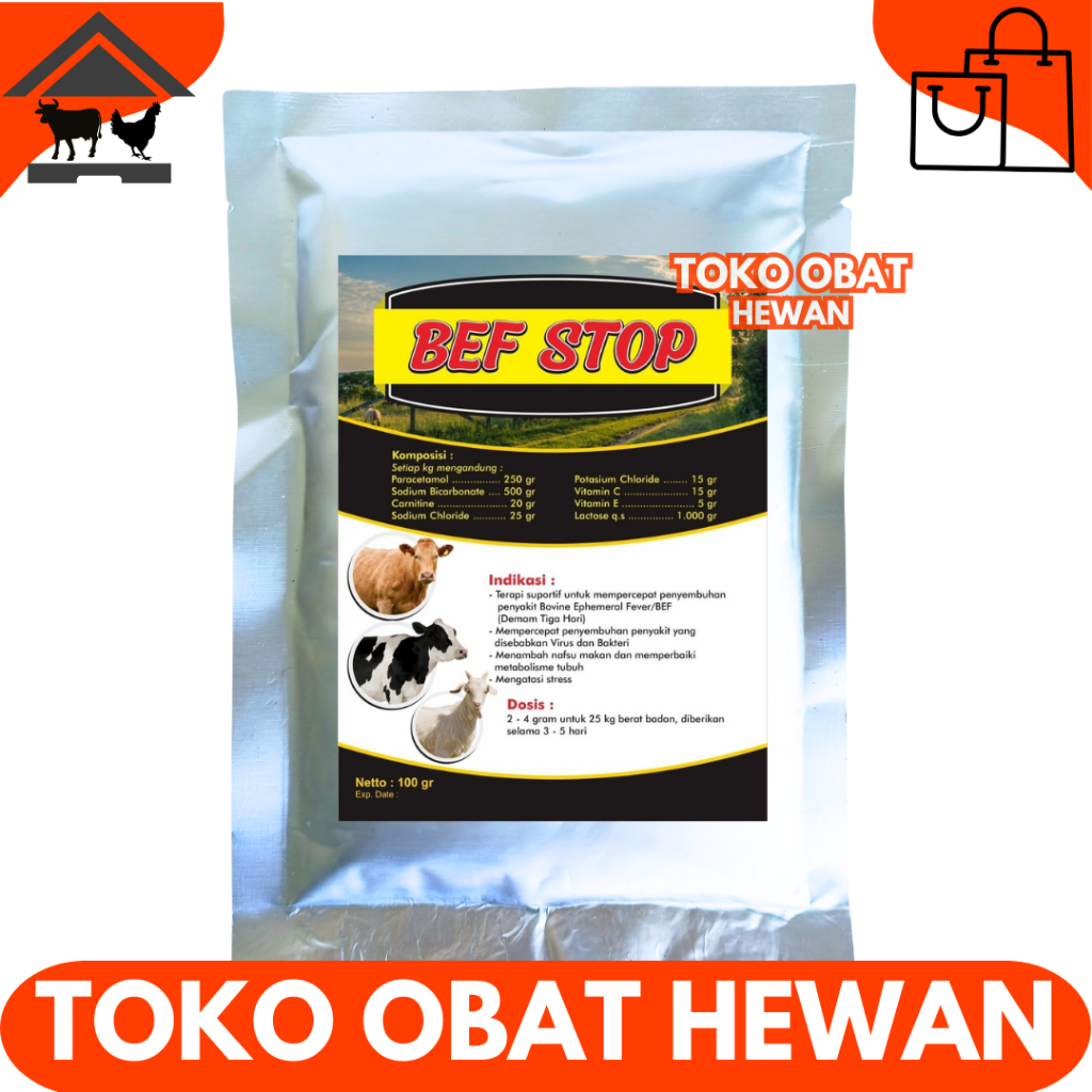 BEF STOP 100 GRAM - Obat Sapi Demam 3 Hari Obat Penurun Panas Flu Sapi Kambing Kerbau Domba