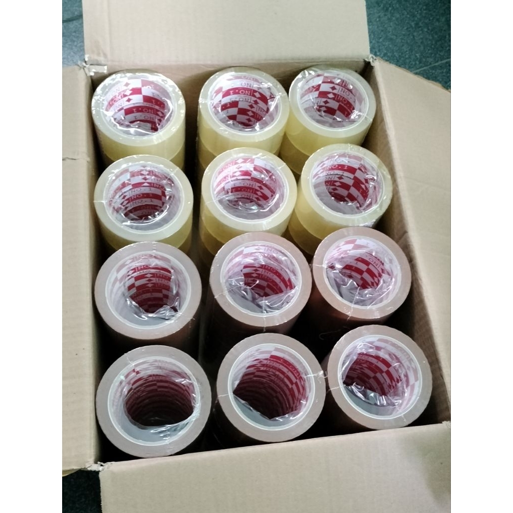 

Lakban Bening dan Coklat Merek Number 1 ukuran 45x90y. 1 dus 12 batang..