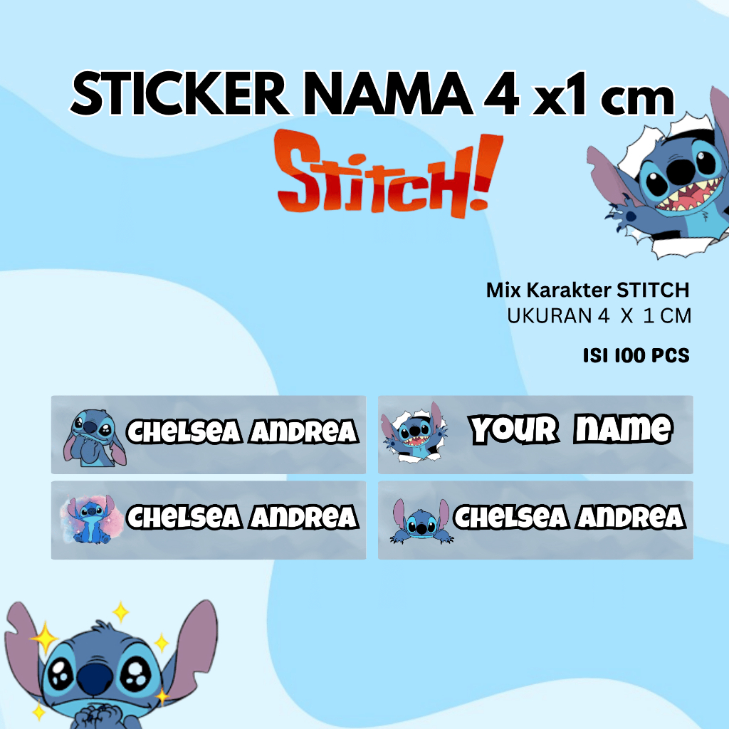 

100 pcs Siap kirim Sticker Nama Stitch Ready 4x1cm Custom Sticker Tahan Cipratan Air bisa Custom