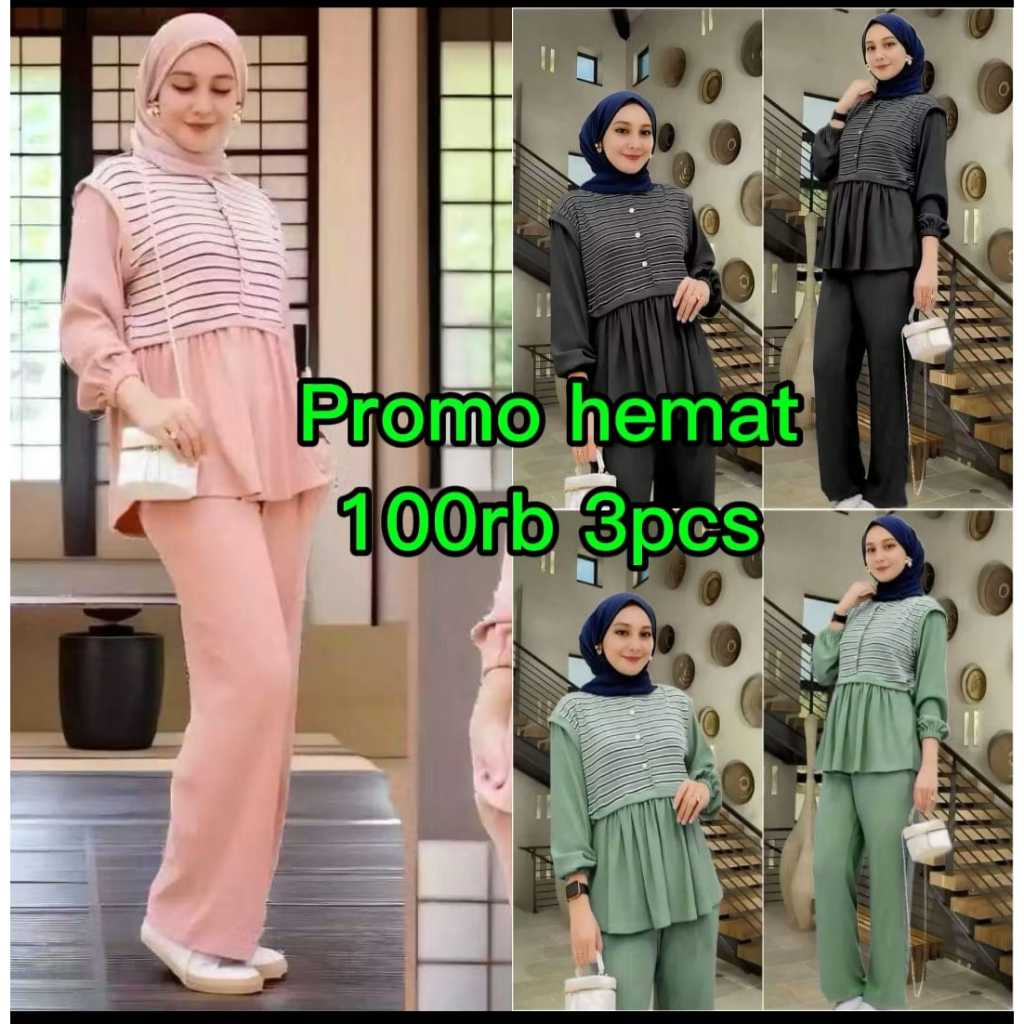 ((PROMO 100rb 3pcs))ONESET AZURA SALUR SETELAN SALUR SETCEL WANITA TERBARU POLO LINEN PREMIUM