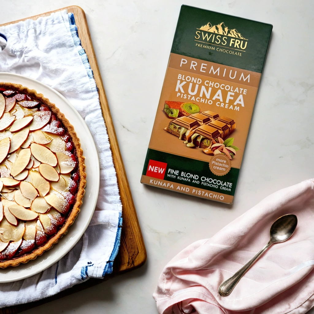 

SWISS FRU GOLDEN BLOND CHOCOLATE – FILLED WITH PISTACHIO KUNAFA MAGIC