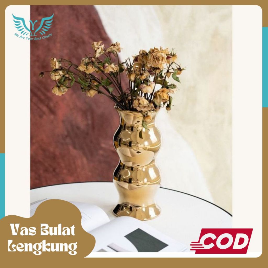 Vas Bunga bulat lengkung Keramik Dekorasi Emas Gold / Vas Mewah / Vas Emas / Vas Dekorasi