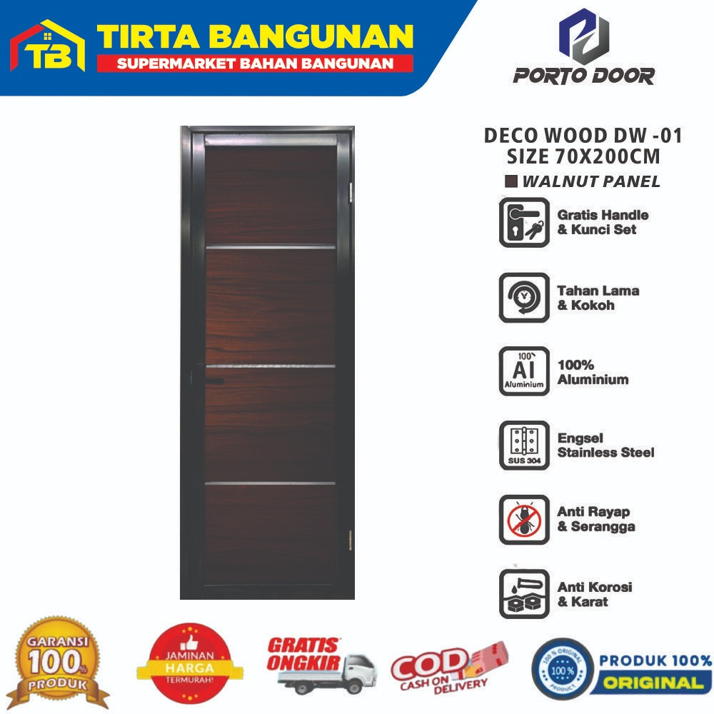 PORTO DOOR 70 X 200 CM DECO WOOD 01 WALNUT PANEL PINTU ALUMUNIUM KAMAR MANDI / KAMAR TIDUR