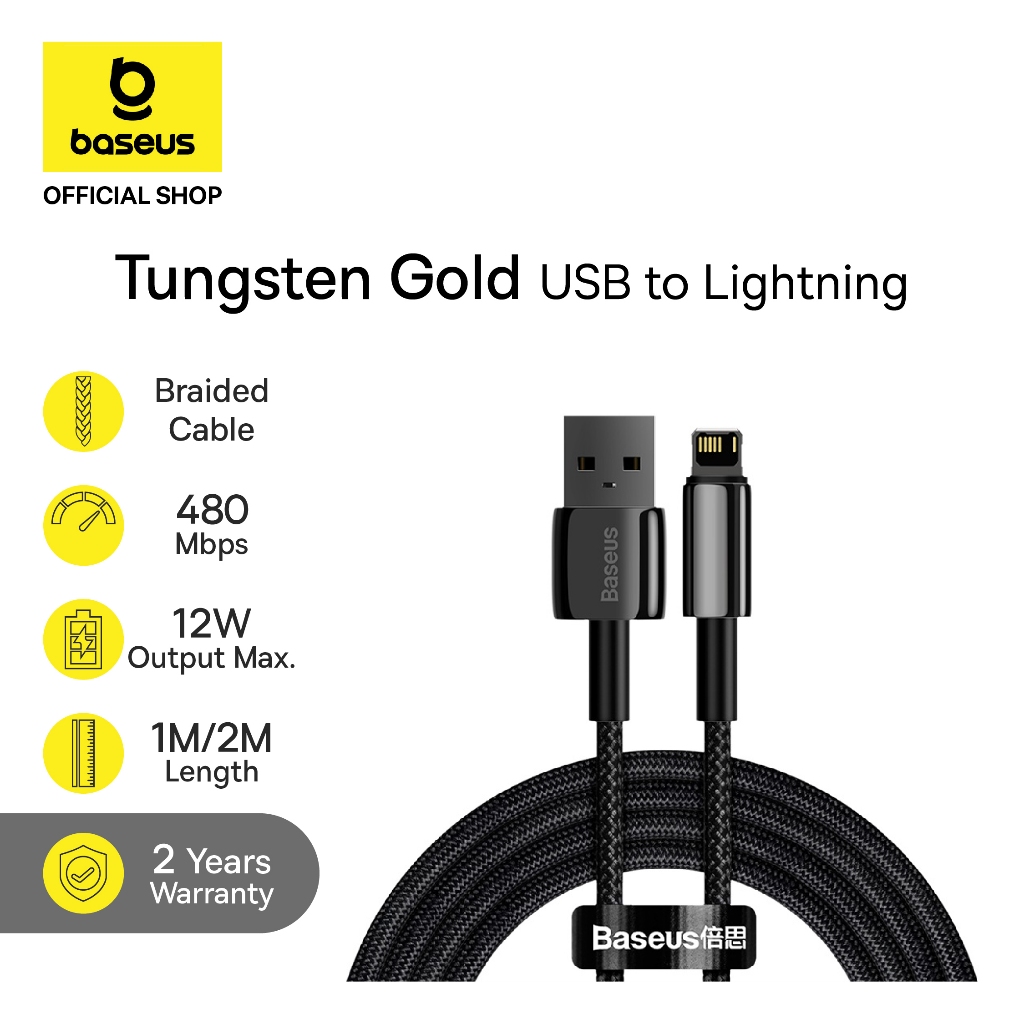Baseus Kabel Data Tungsten Gold USB to Lighting iP 2.4A 1m & 2m Fast Charging Data Cable