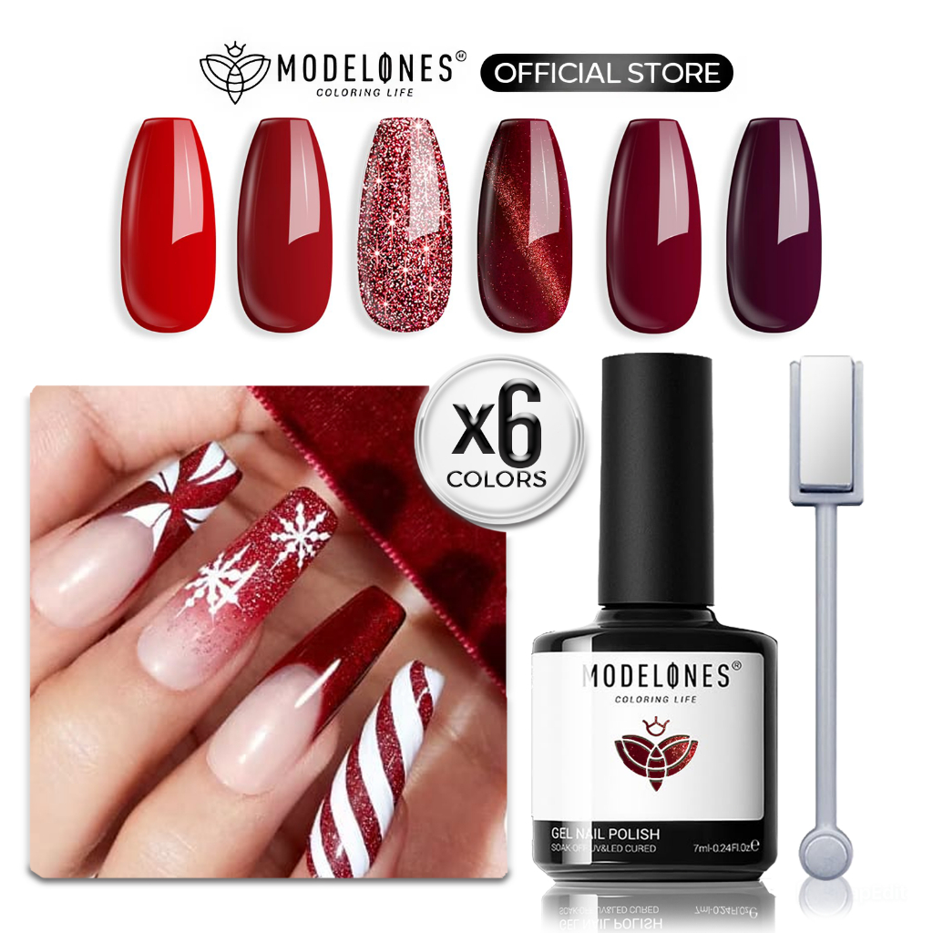 MODELONES Red Gel Nail Polish Set 6 Warna Ruby Sparks Collection Popular Glitter Gel Polish Cat Eye 