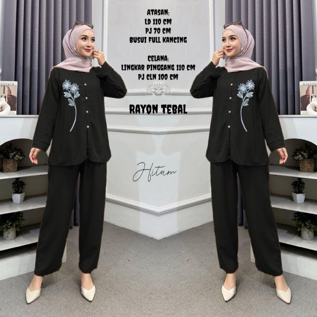 One Set Bordir Motif Bunga One Set Setelan Baju Atasan Celana Panjang One Set Wanita Dewasa Oneset C