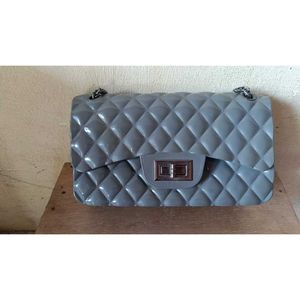 PPT001 Tas Slingbag Jelly Glossy Kecil Rantai Fashion DARK GREEY BESAR