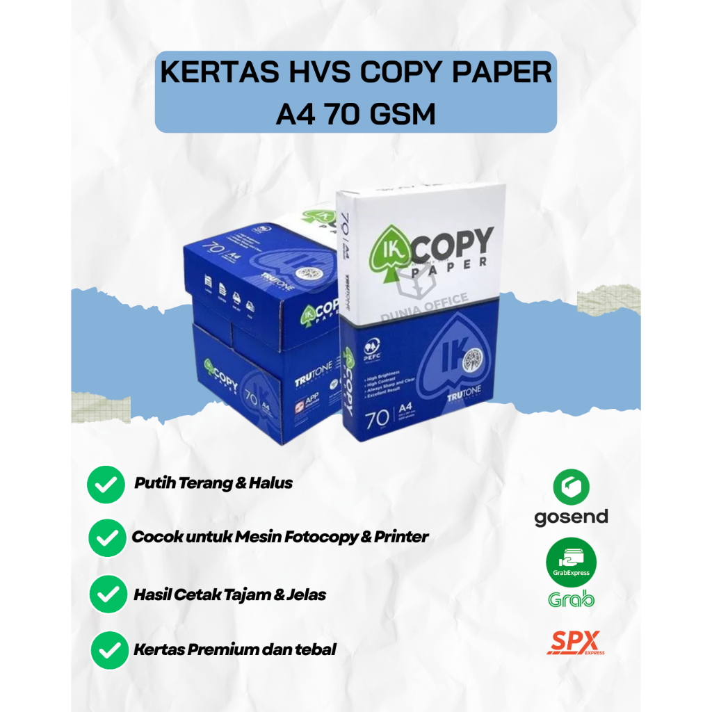 

GOSEND/GRAB 1 DUS KERTAS HVS A4 70GSM PUTIH COPY PAPER 5 RIM ( 2500 LEMBAR )