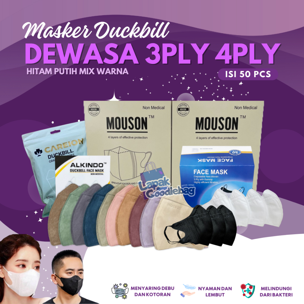 Masker Duckbill 50 PCS MOUSON ALKINDO CAREION MASK 4 PLY HITAM PUTIH WARNA WARNI MASKER MEDIS DUCKBI