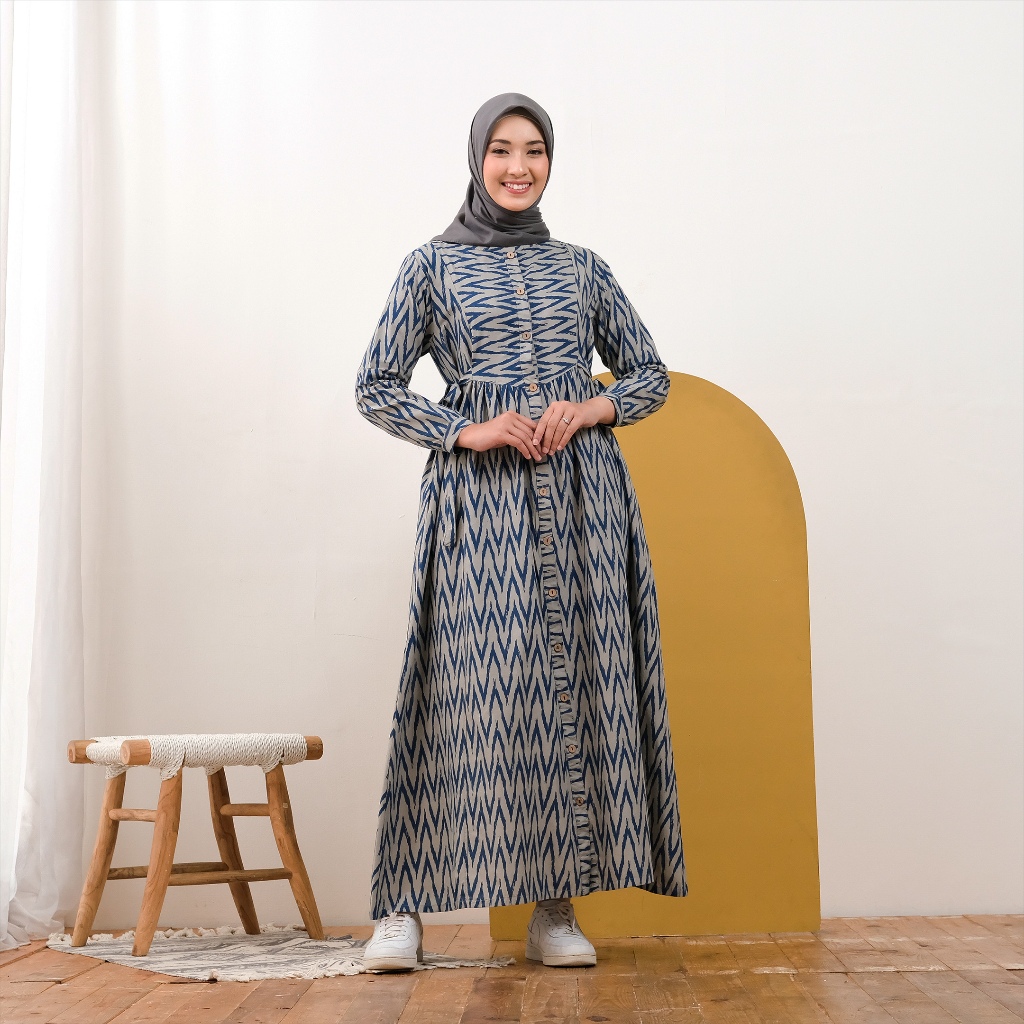 Sahara Gamis Long Dress zig-zag Printed  Full Button by motifnya.clo