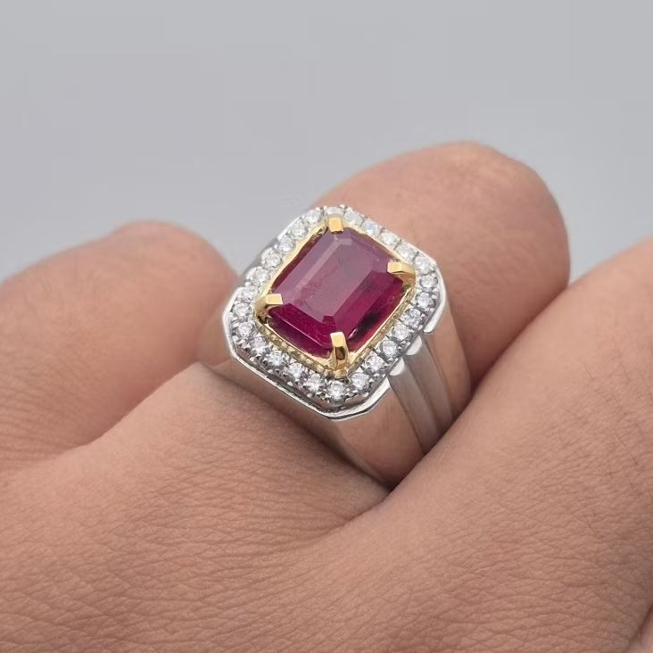 Cincin perak handmade batu natural ruby pigeon blood octagon corundum, ukuran bisa disesusaikan (fre